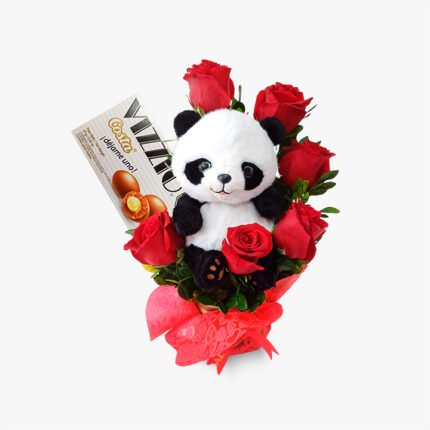 6 Rosas + Peluche panda + Chocolate vizzio en maceta